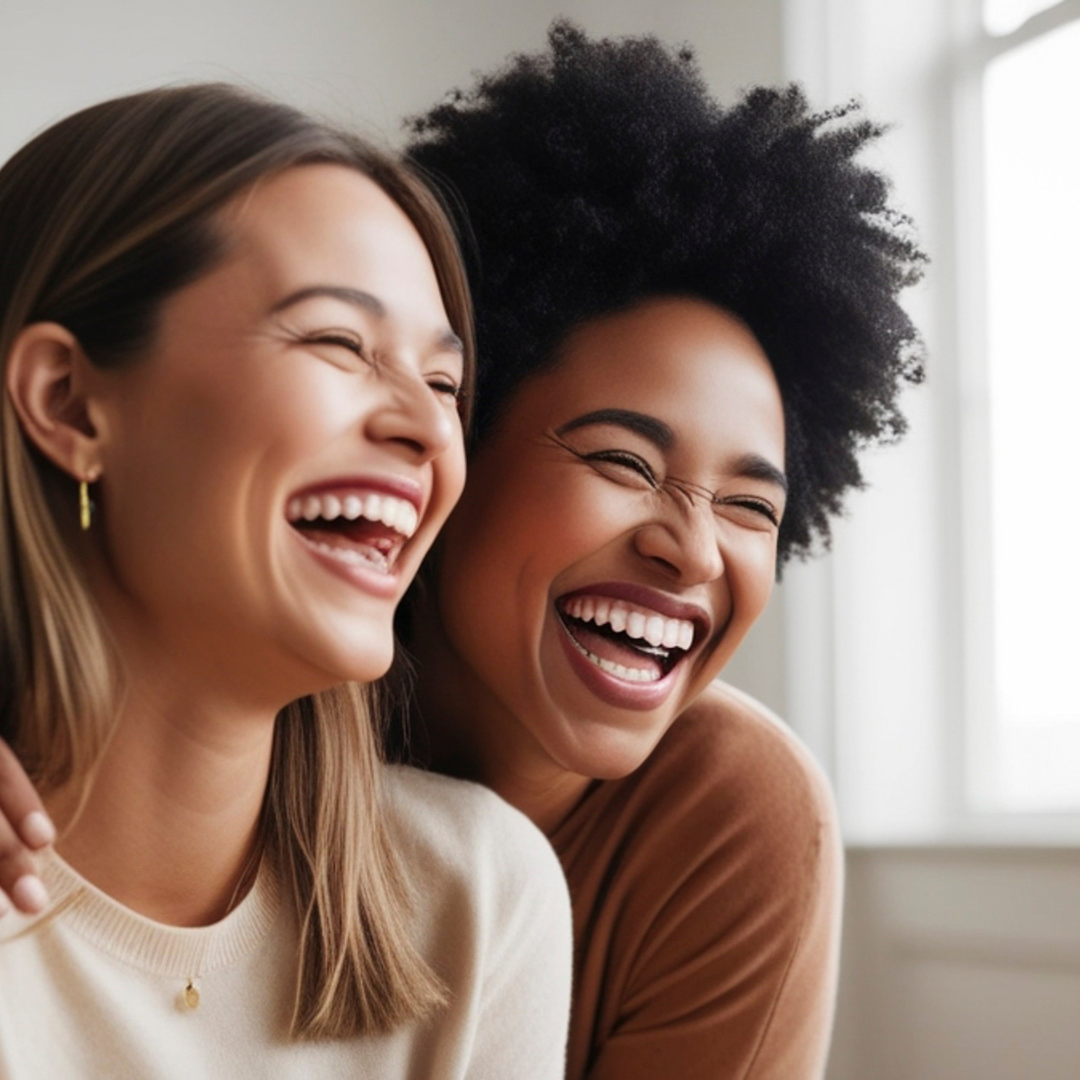 Three generations of women smiling together on a couch